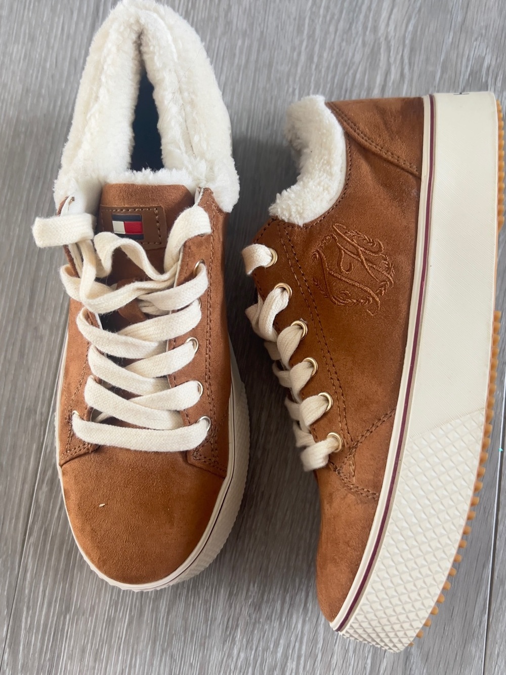 Tommy Hilfiger Chestnut Suede-Look Platform Sneakers with Cream Shearling